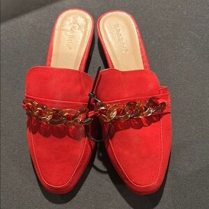 BAMBOO Women's Red Mules with Chain Detail